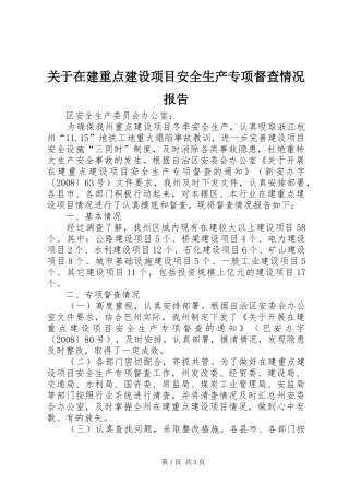 关于在建重点建设项目安全生产专项督查情况报告