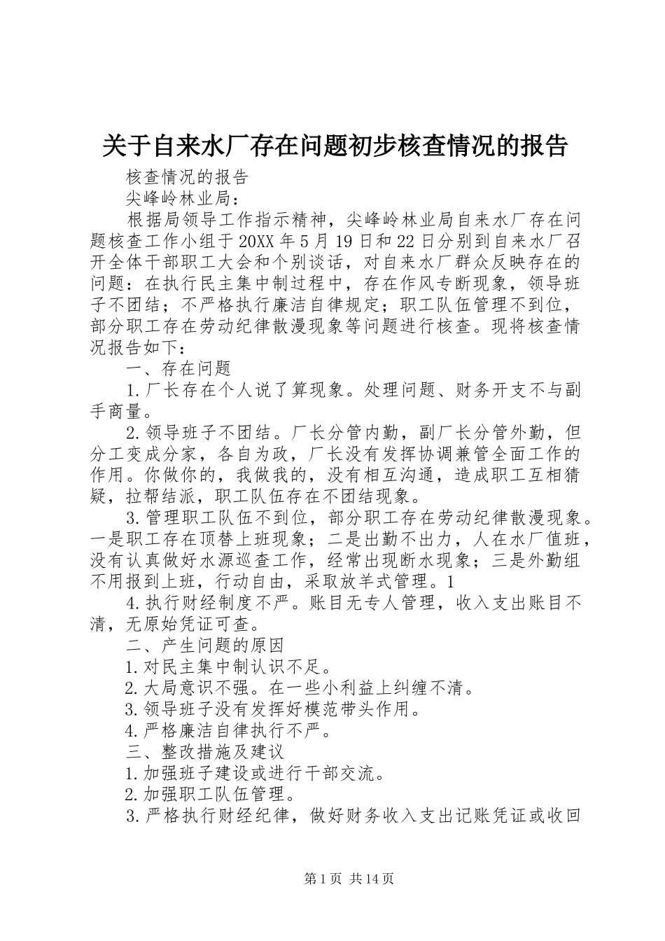 关于自来水厂存在问题初步核查情况的报告_第1页