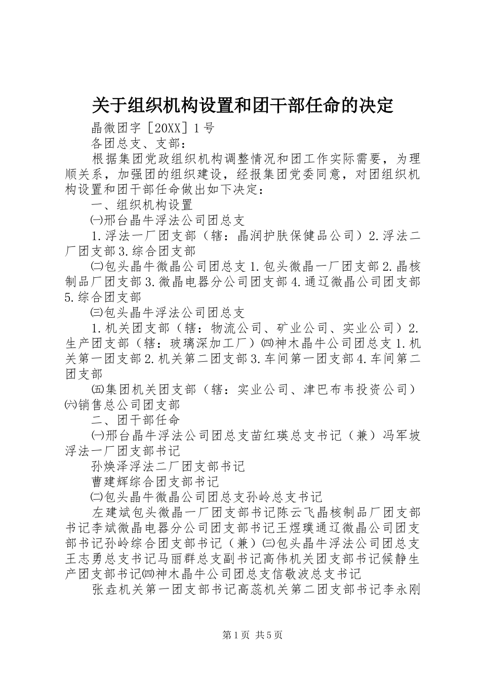 关于组织机构设置和团干部任命的决定_第1页