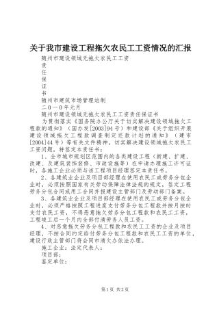 关于我市建设工程拖欠农民工工资情况的汇报