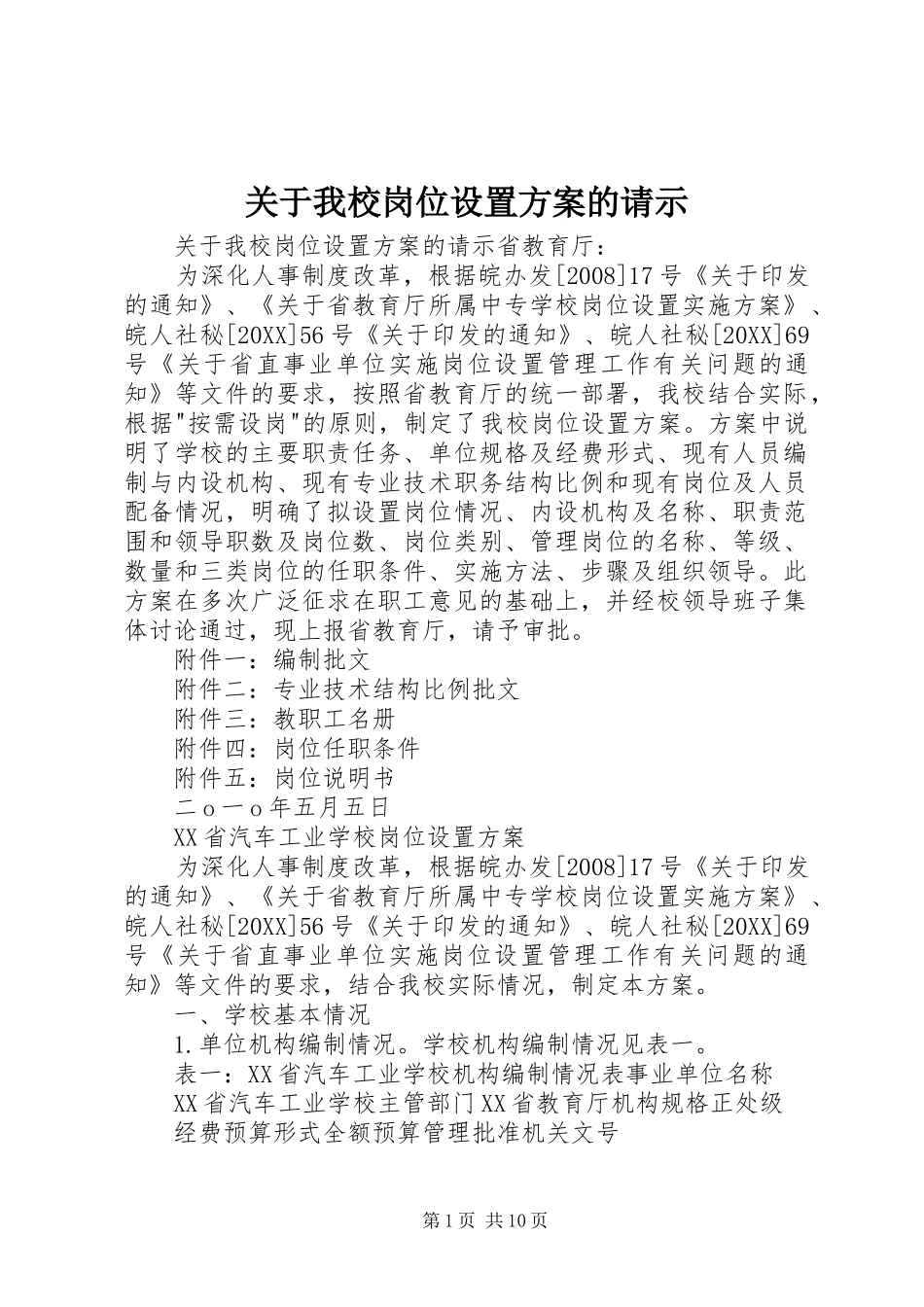 关于我校岗位设置方案的请示_第1页