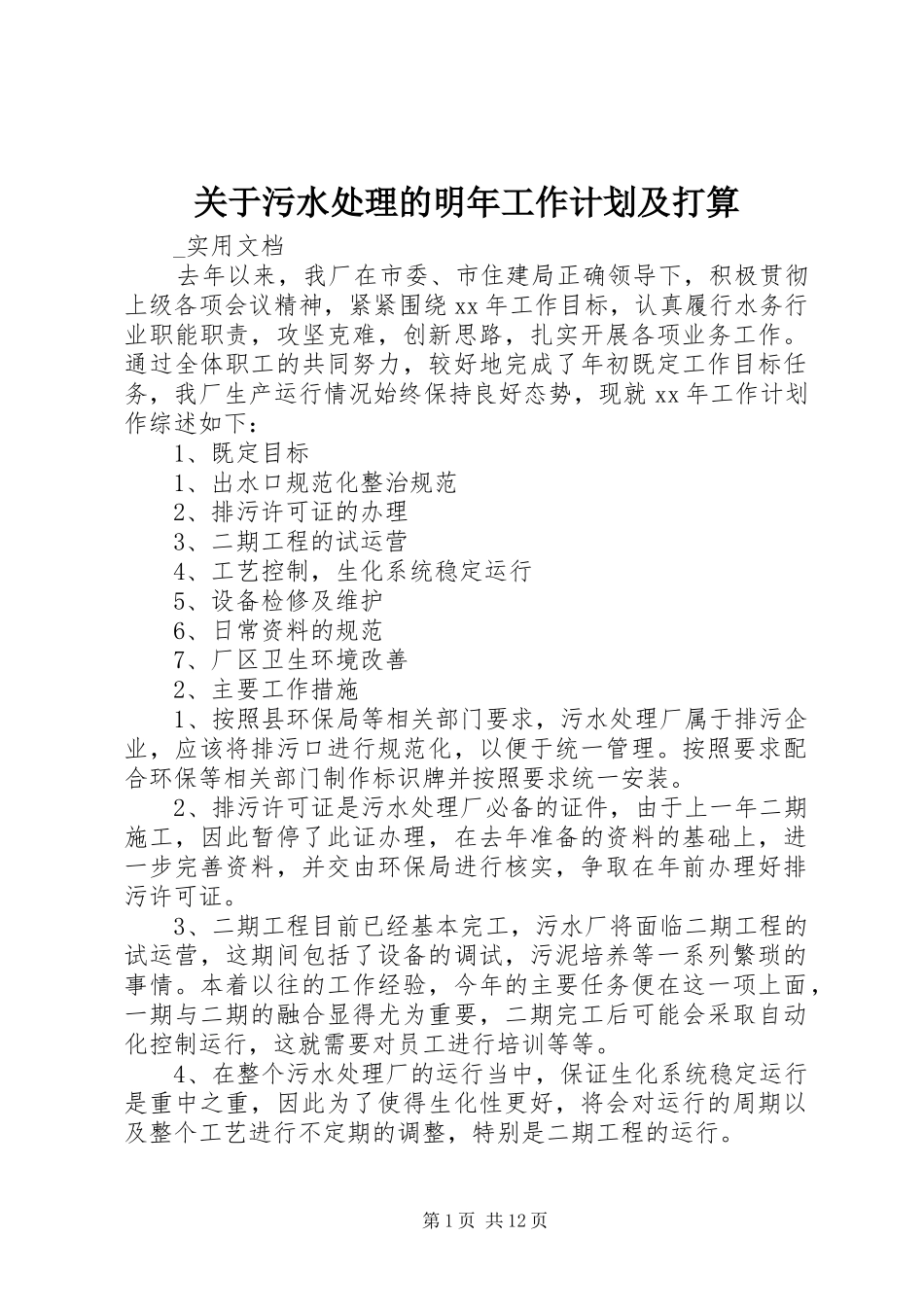 关于污水处理的明年工作计划及打算_第1页