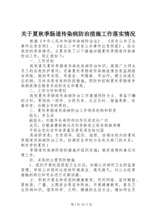 关于夏秋季肠道传染病防治措施工作落实情况