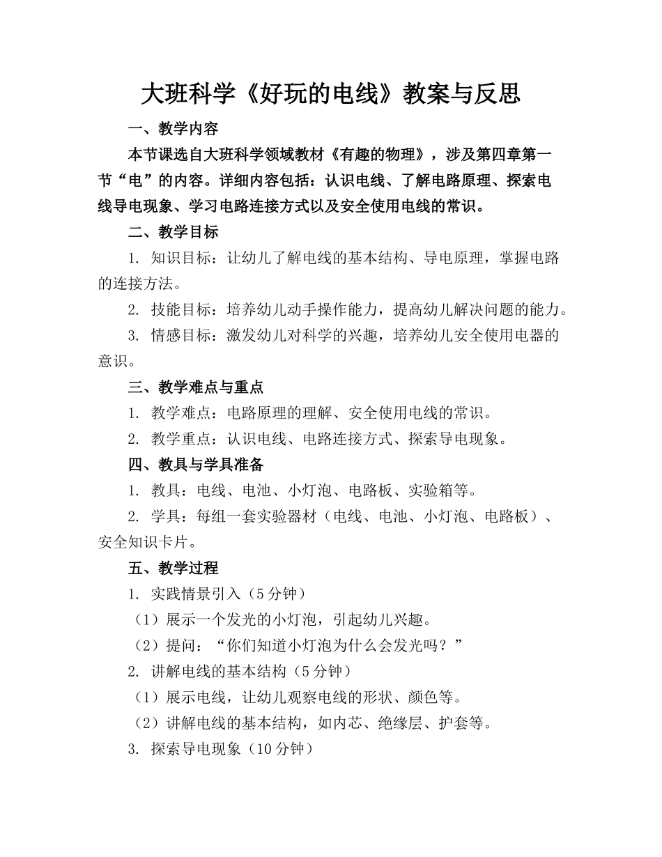 大班科学《好玩的电线》教案与反思_第1页