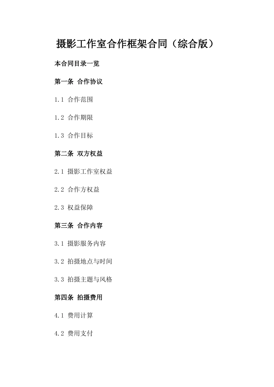 摄影工作室合作框架合同（综合版）_第1页