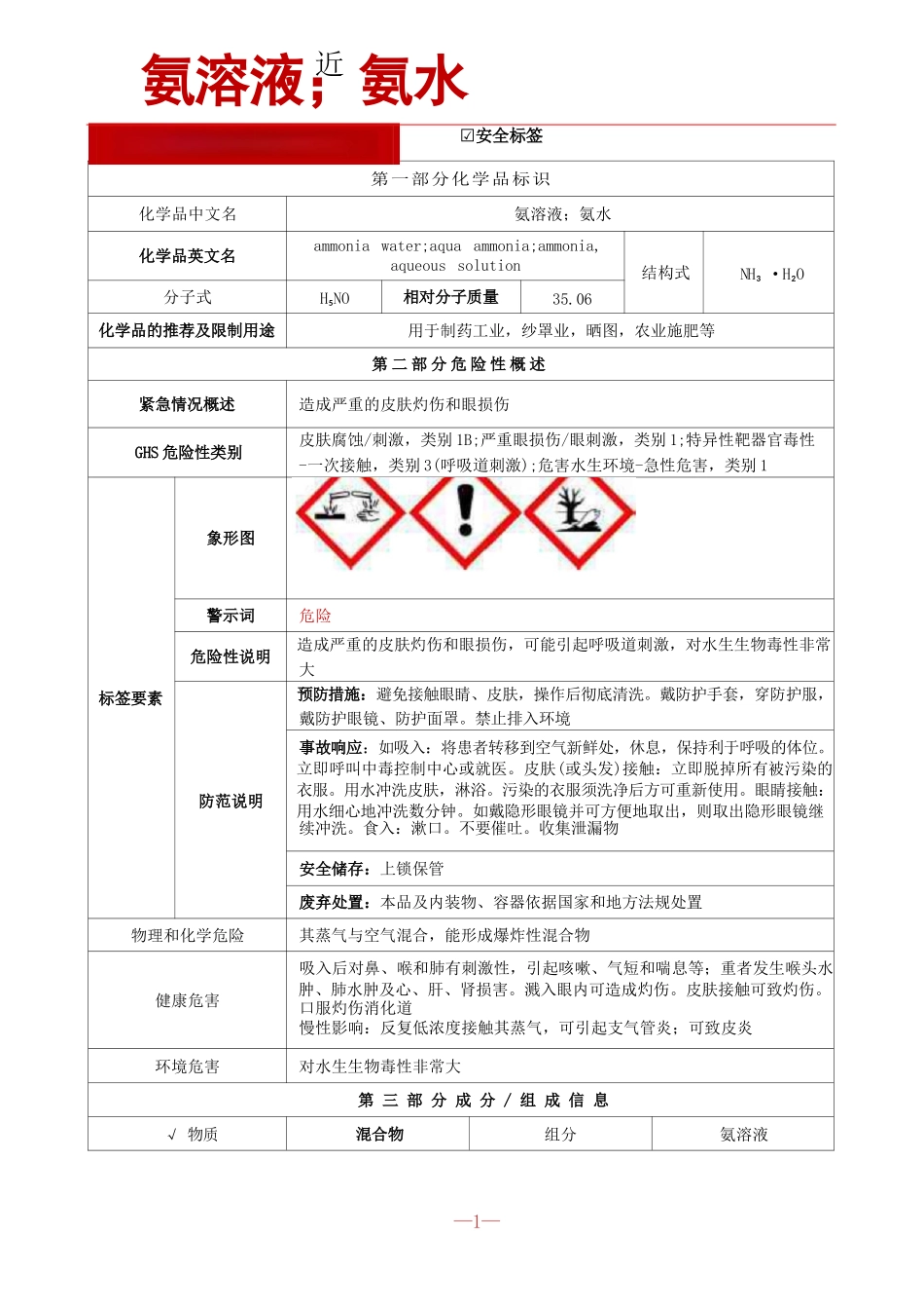 【氨溶液；氨水】安全技术说明书[SDS]+安全标签_第1页