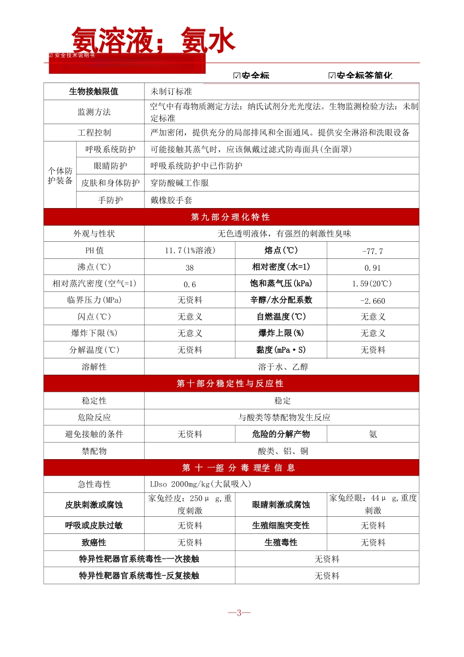 【氨溶液；氨水】安全技术说明书[SDS]+安全标签_第3页