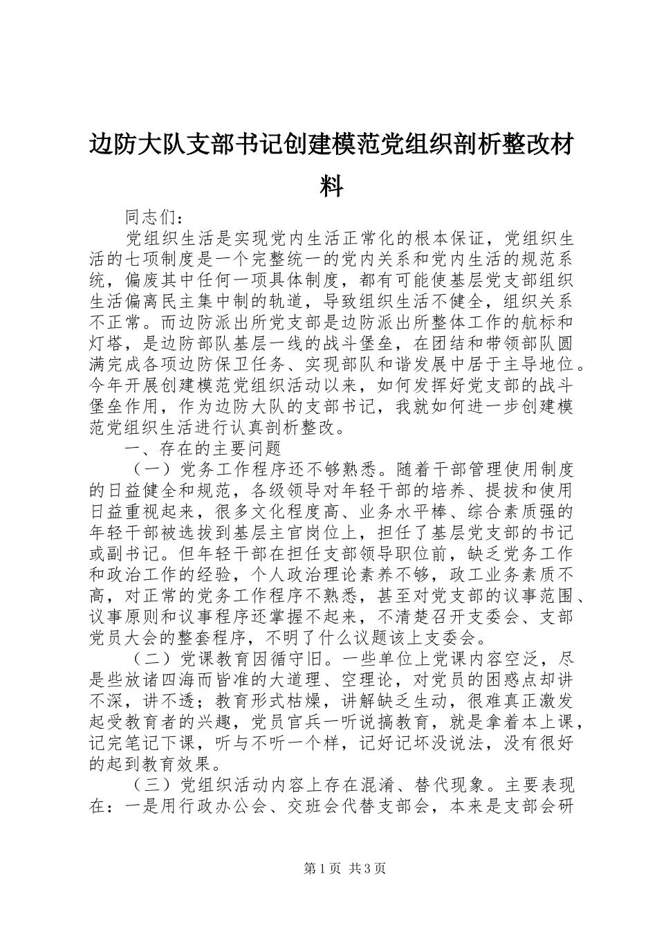 边防大队支部书记创建模范党组织剖析整改材料_第1页
