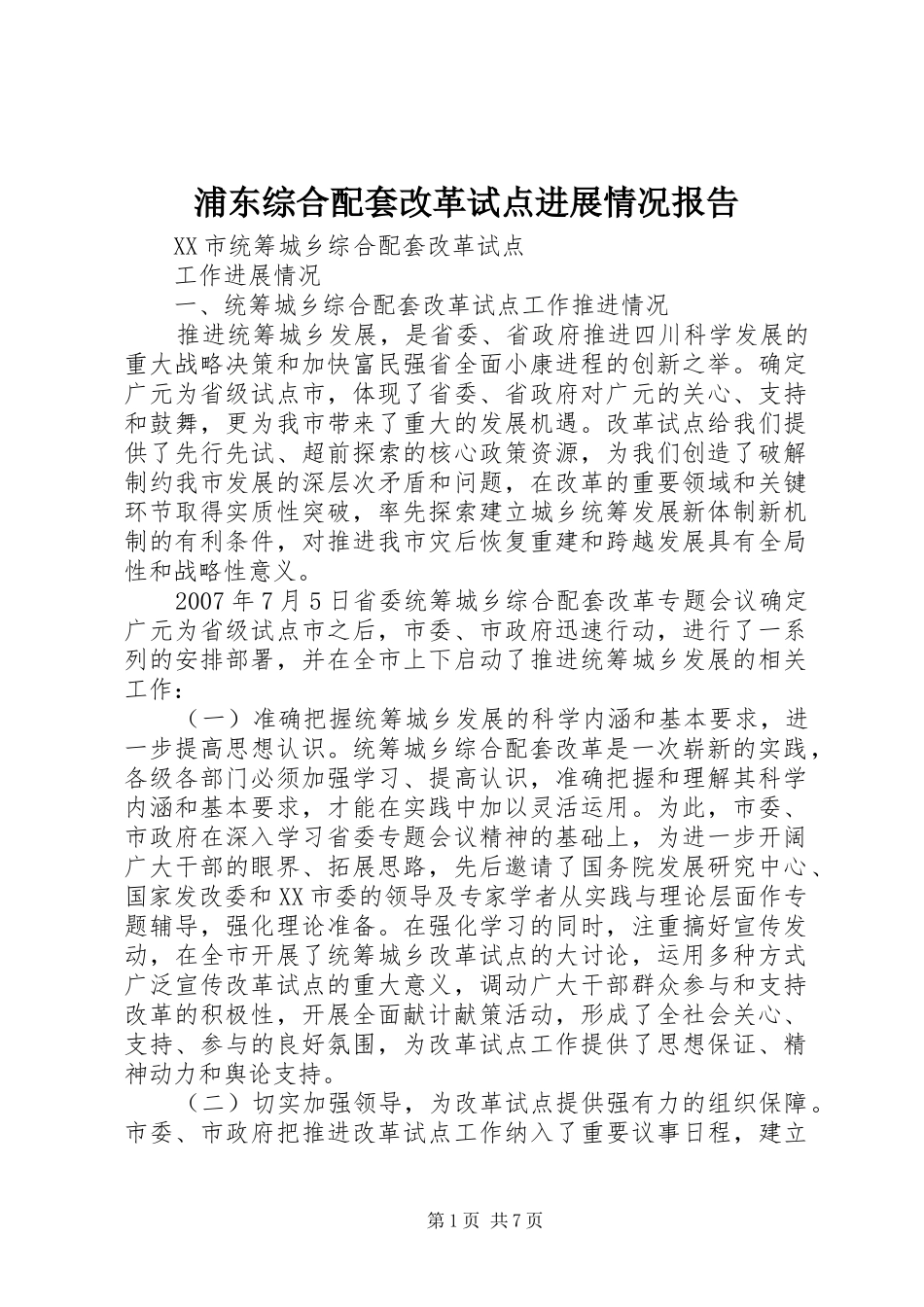 浦东综合配套改革试点进展情况报告_第1页