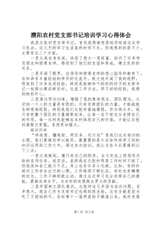 濮阳农村党支部书记培训学习心得体会