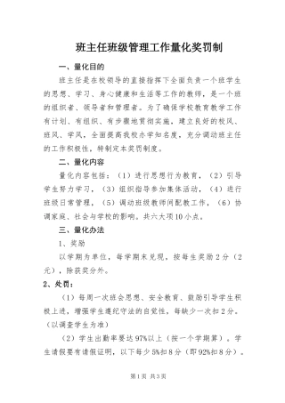 班主任班级管理工作量化奖罚制