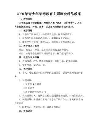 2020年青少年禁毒教育主题班会精品教案