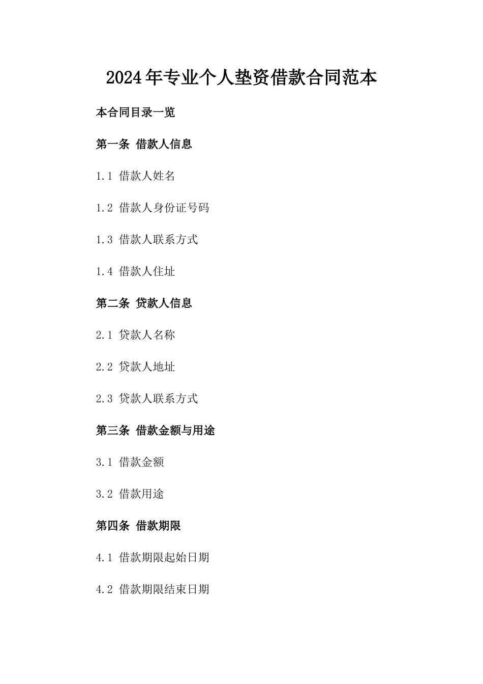 2024年专业个人垫资借款合同范本_第1页