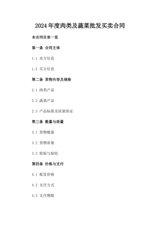 2024年度肉类及蔬菜批发买卖合同