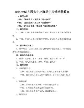 2024年幼儿园大中小班卫生习惯培养教案