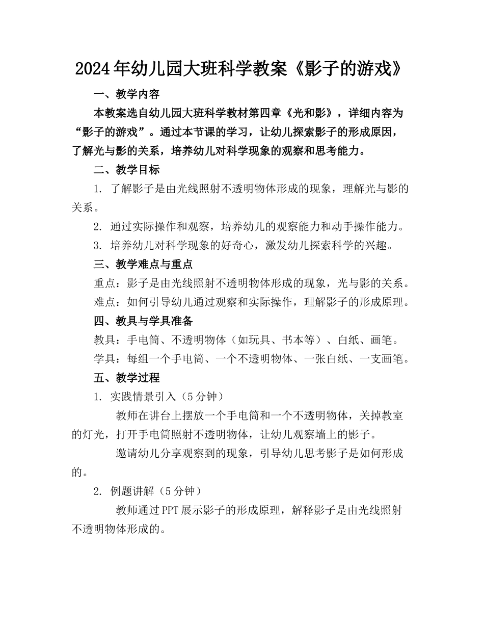 2024年幼儿园大班科学教案《影子的游戏》_第1页