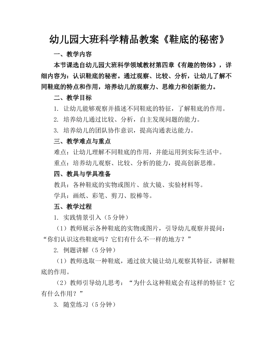 幼儿园大班科学精品教案《鞋底的秘密》_第1页