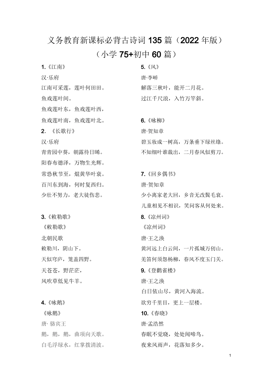 义务教育新课标必背古诗词135篇_第1页