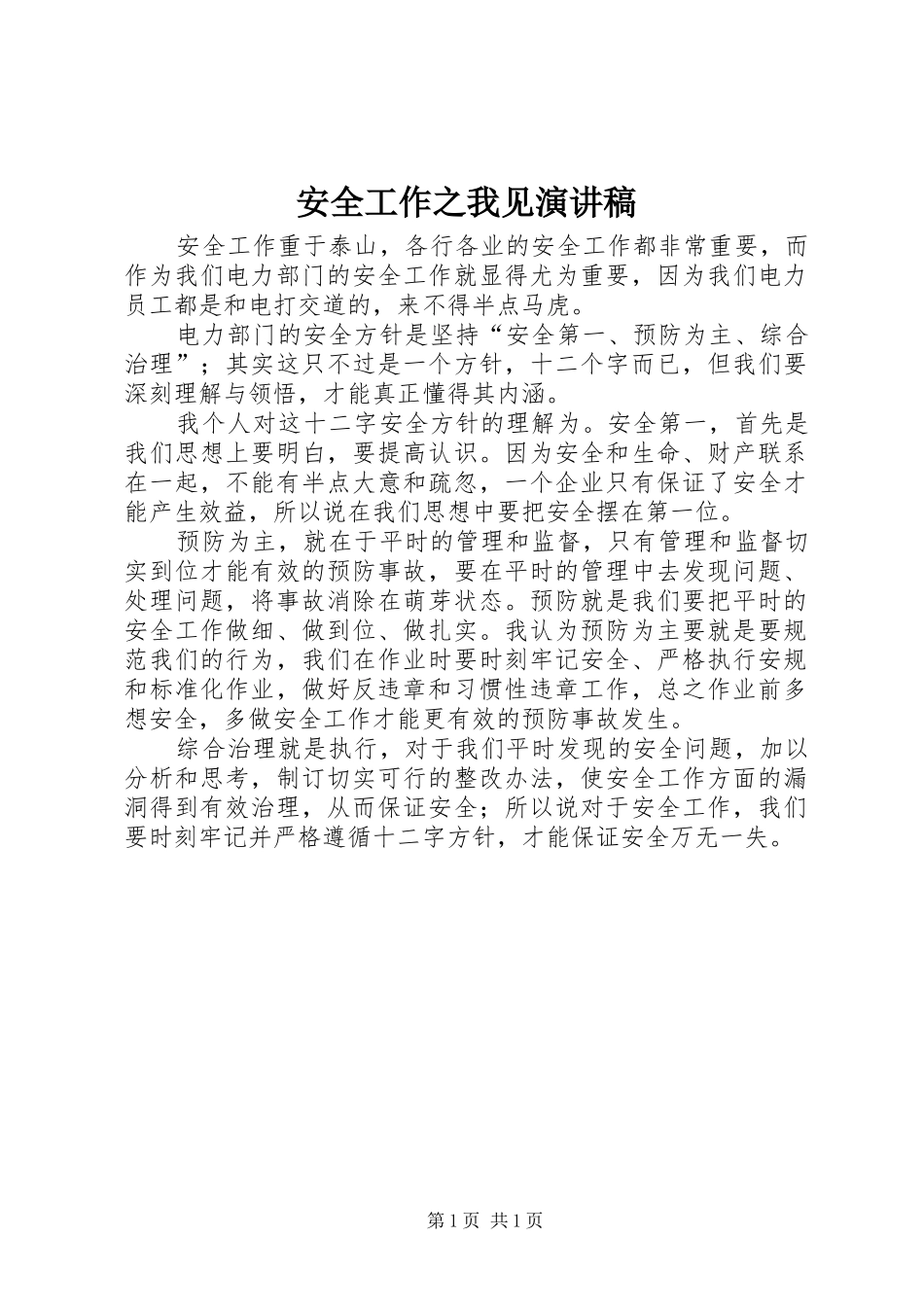 安全工作之我见演讲稿_第1页