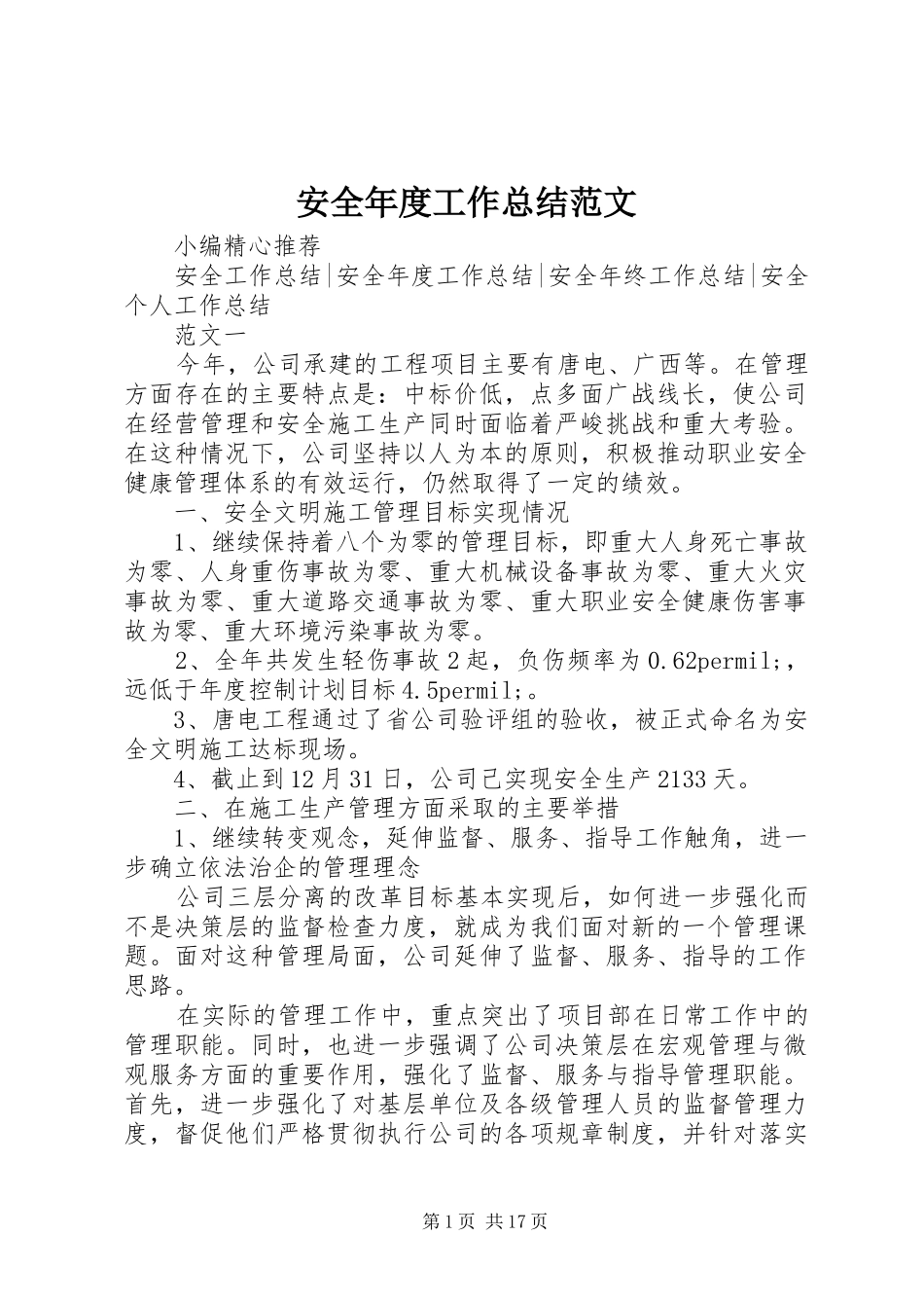 安全年度工作总结范文_第1页