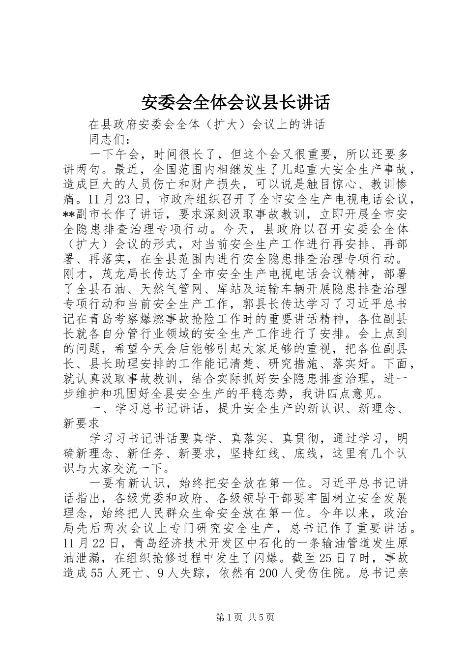 安委会全体会议县长致辞_第1页