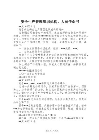 安全生产管理组织机构人员任命书