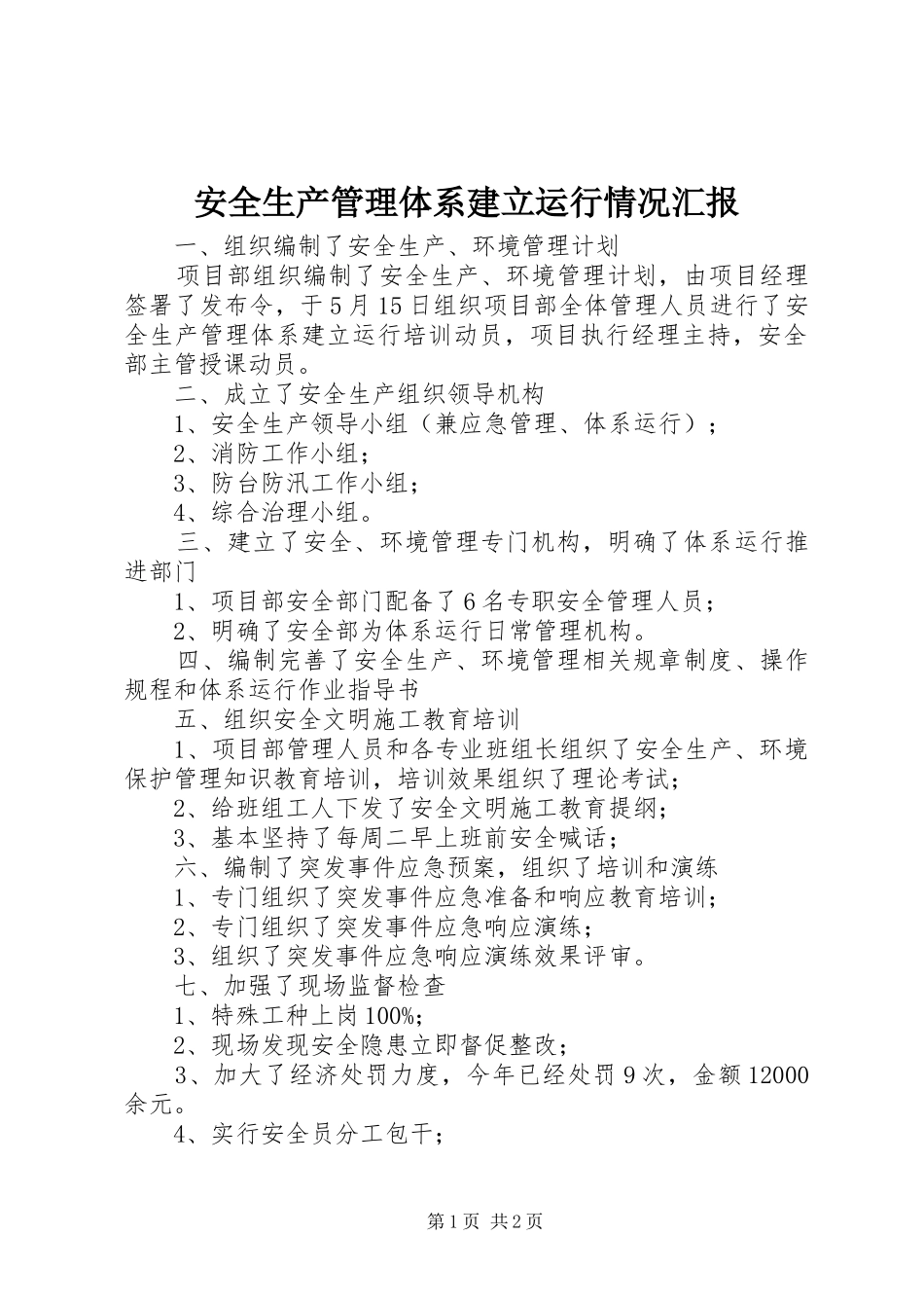 安全生产管理体系建立运行情况汇报_第1页