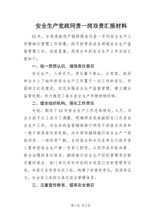 安全生产党政同责一岗双责汇报材料