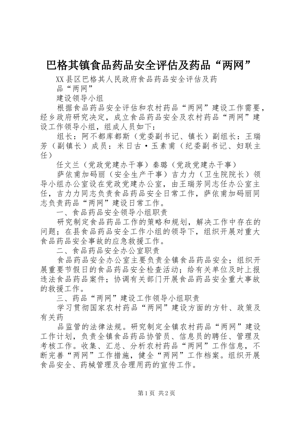 巴格其镇食品药品安全评估及药品两网_第1页