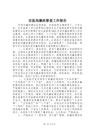 安监局廉政督查工作报告