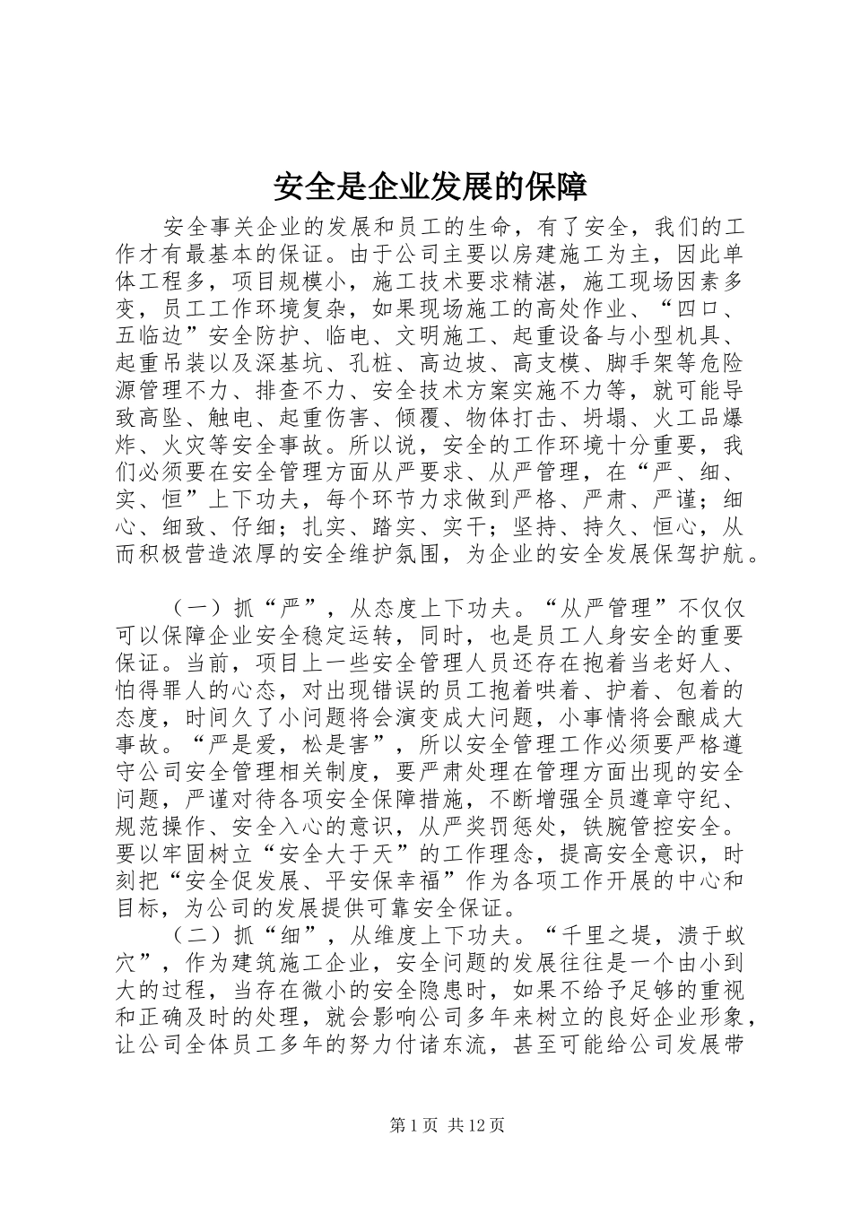 安全是企业发展的保障_第1页