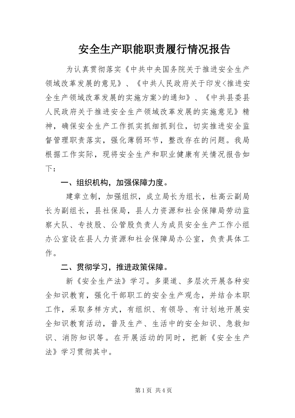 安全生产职能职责履行情况报告_第1页