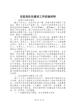 安监局队伍建设工作经验材料