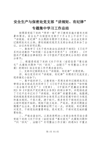 安全生产与保密处党支部讲规矩有纪律专题集中学习工作总结