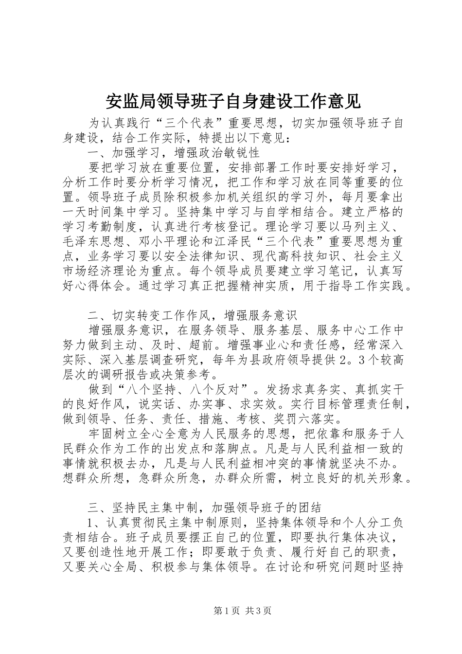 安监局领导班子自身建设工作意见_第1页