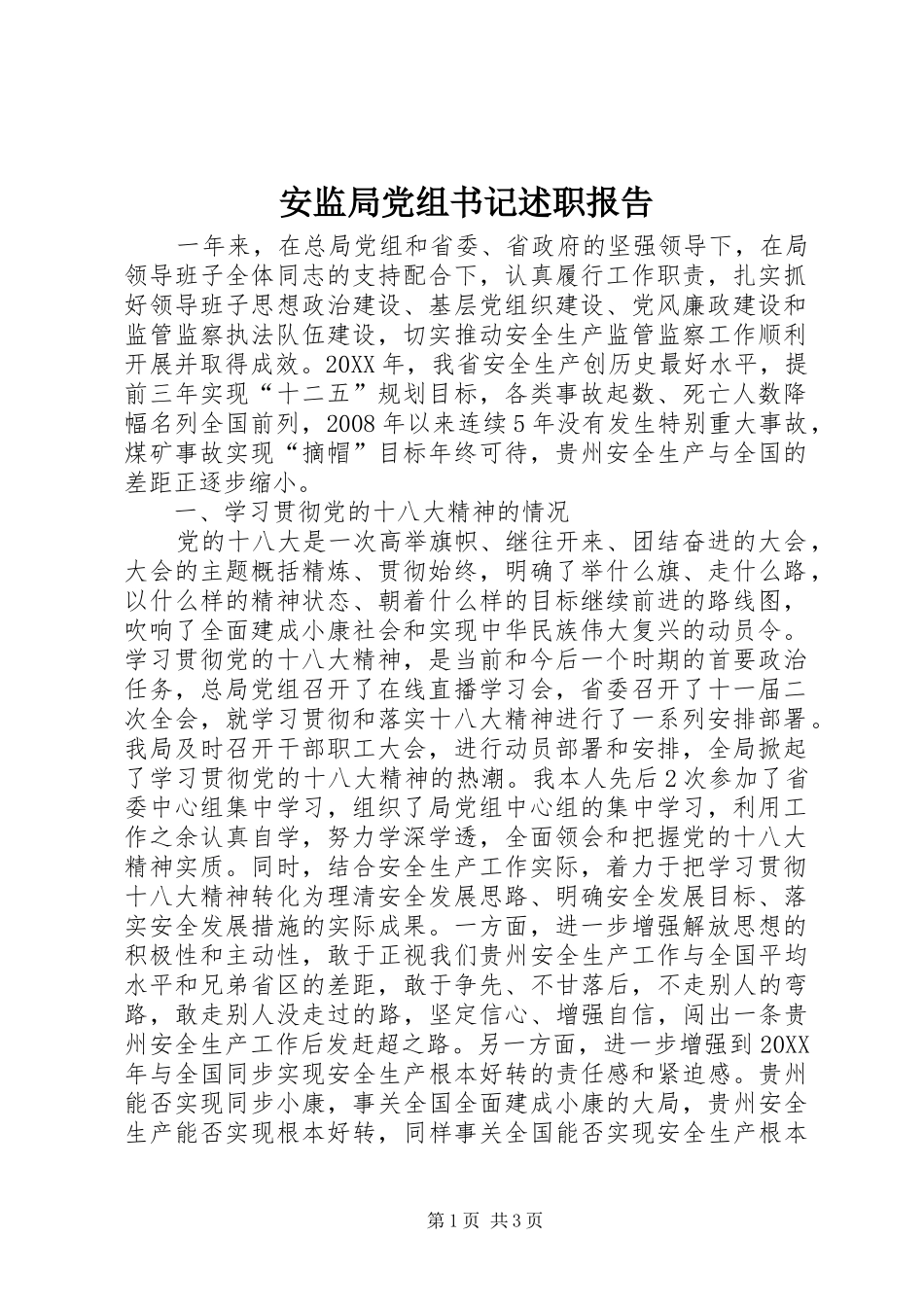 安监局党组书记述职报告_第1页