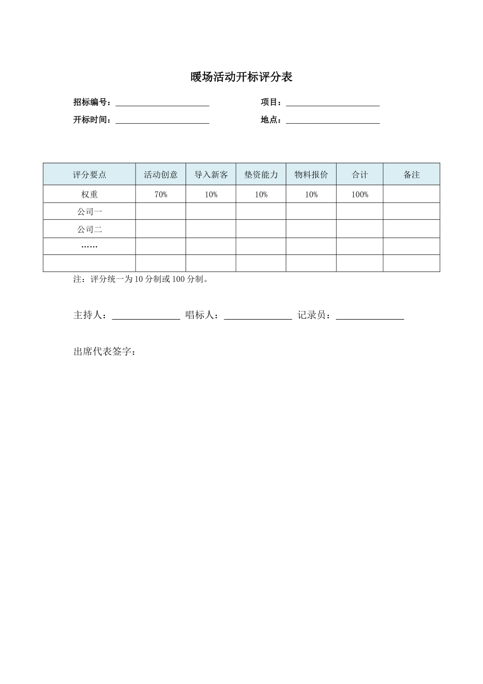 央企成本管控标准化文件2.4.5.8保利地产暖场活动开标评分表_第1页