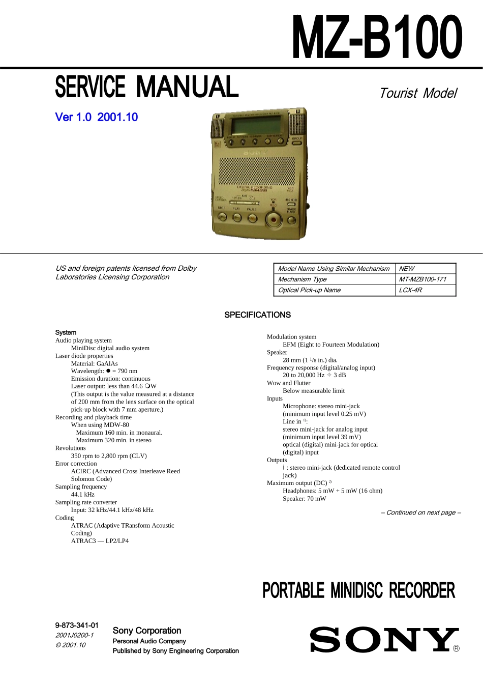 sony_MZ-B100_service_manual播放器说明书_第1页