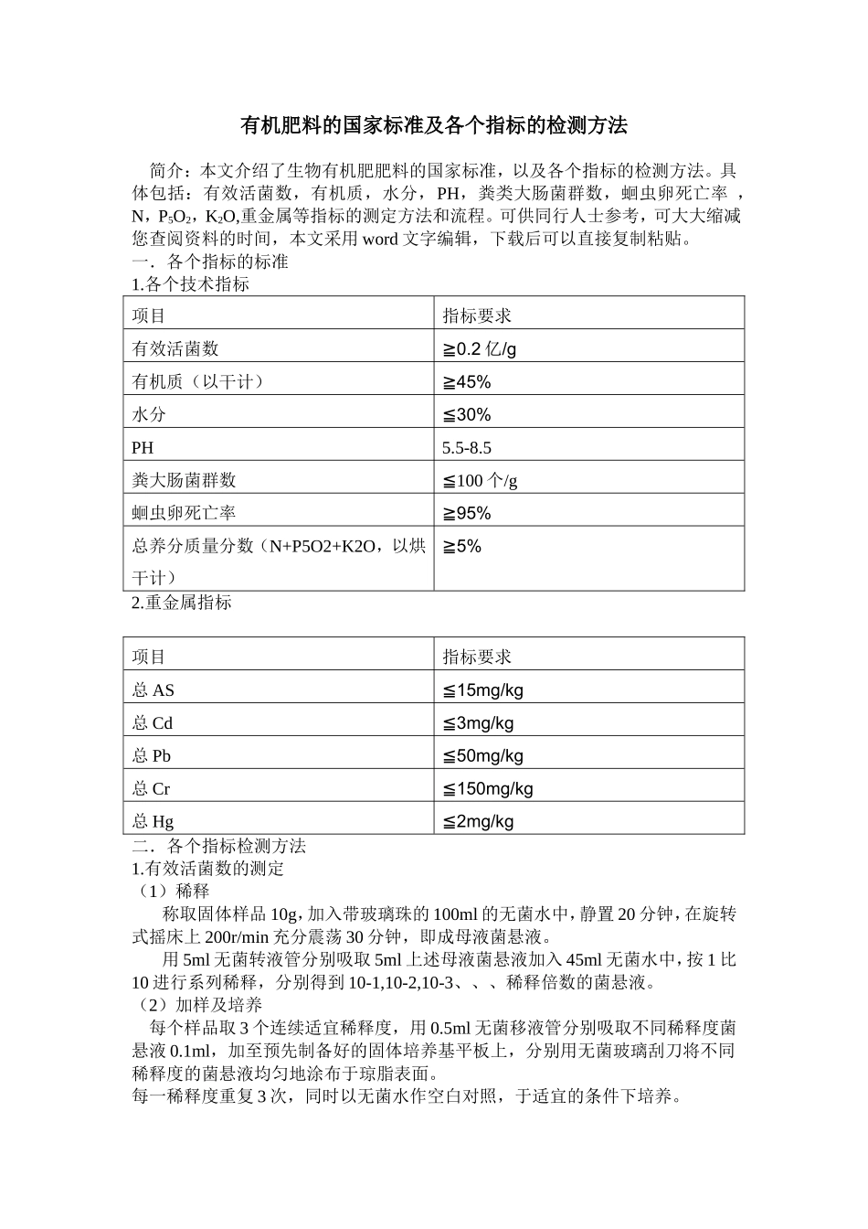 有机肥料的国家标准及各个指标的检测方法_第1页