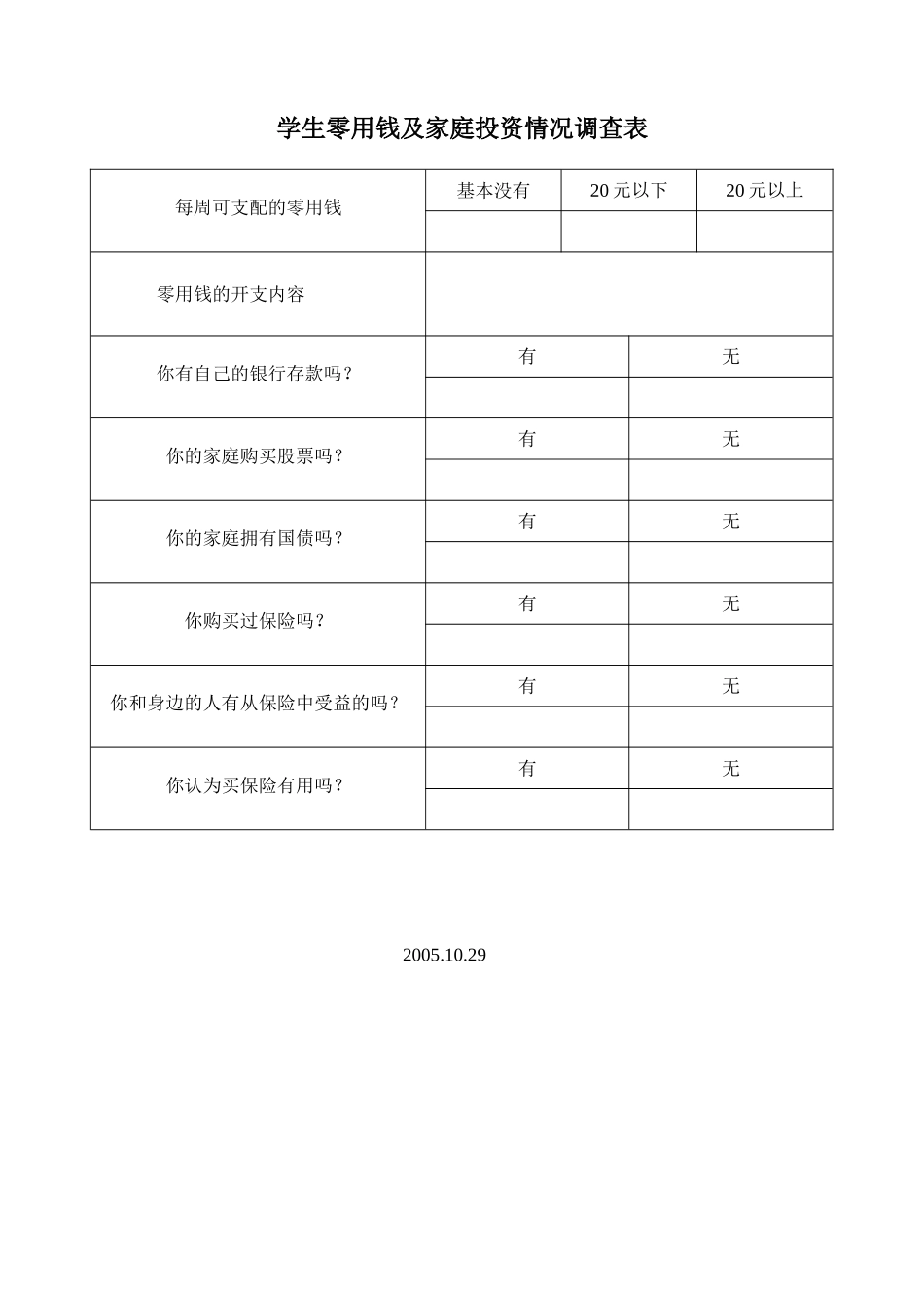 学生零用钱及家庭投资情况调查表_第1页
