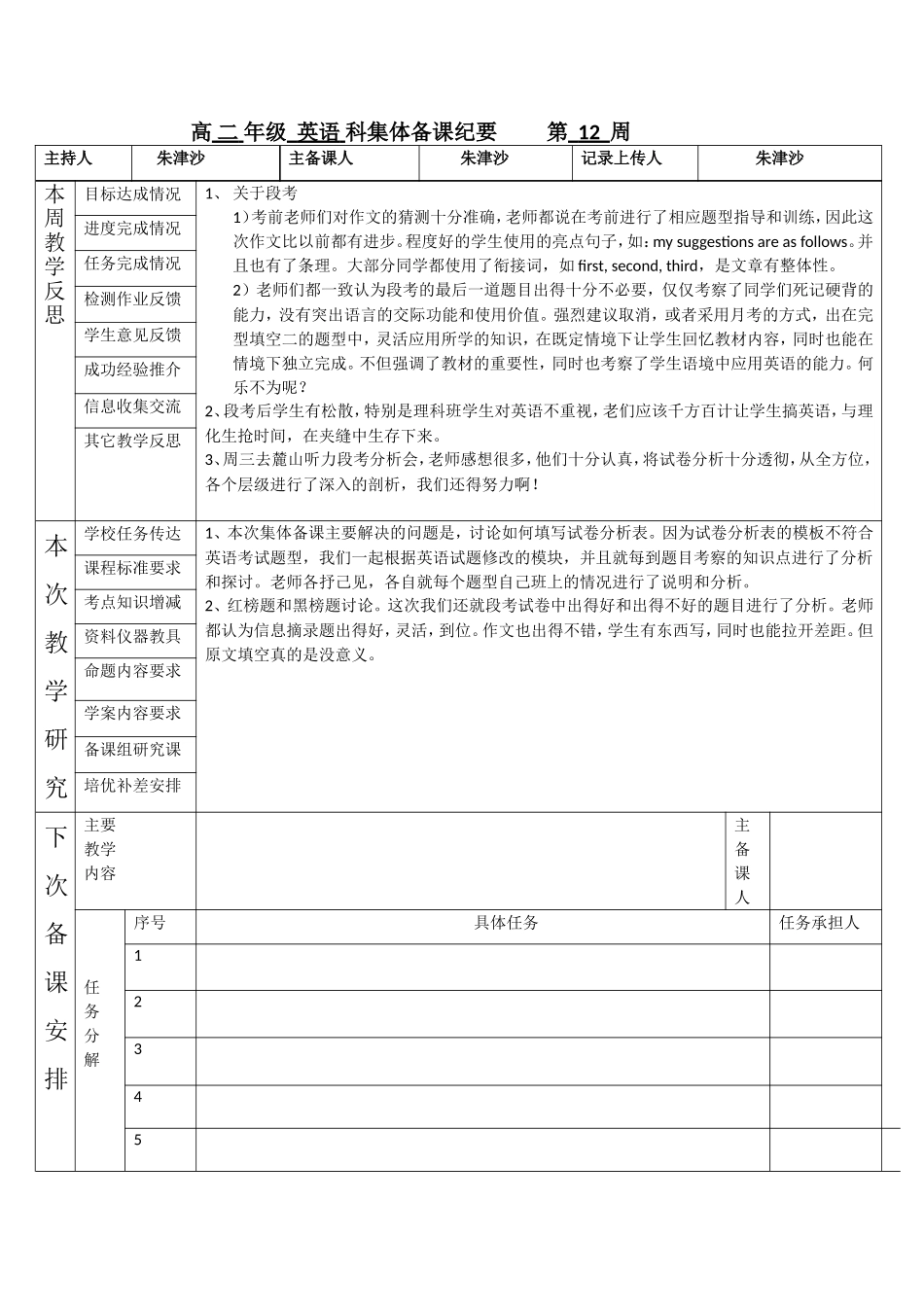 高二年级英语科集体备课纪要第12周_第1页