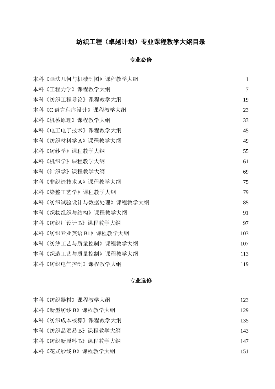 纺织工程（卓越计划）专业课程教学大纲目录_第1页