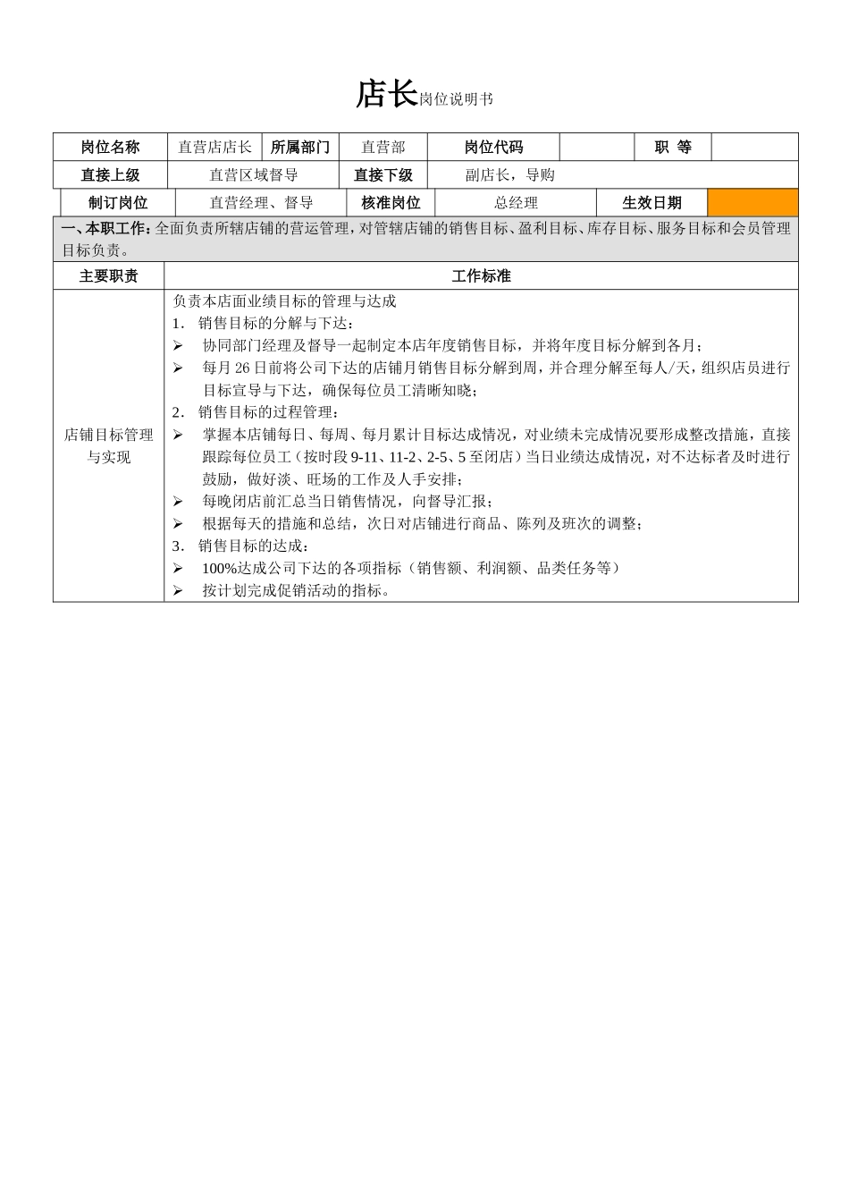店长岗位说明书_第1页