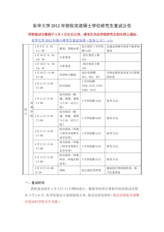 东华大学2012年招收攻读硕士学位研究生复试公告