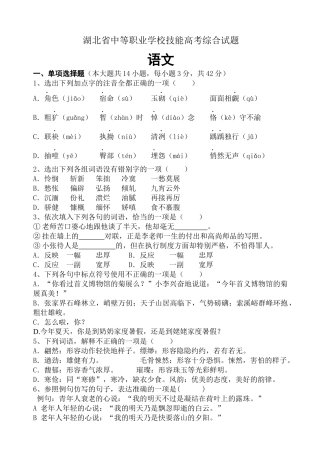 湖北省中等职业学校技能高考综合试题