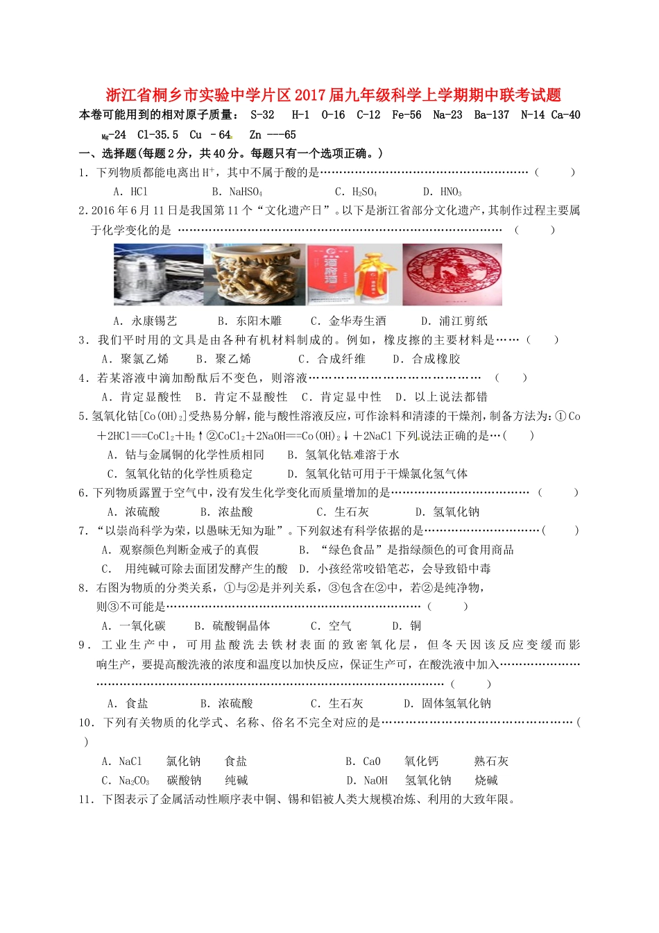浙江省桐乡市实验中学片区届九年级科学上学期期中联考试题_第1页