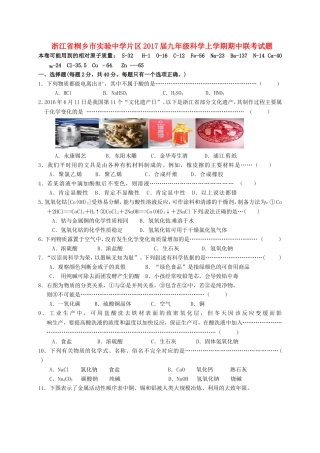 浙江省桐乡市实验中学片区届九年级科学上学期期中联考试题