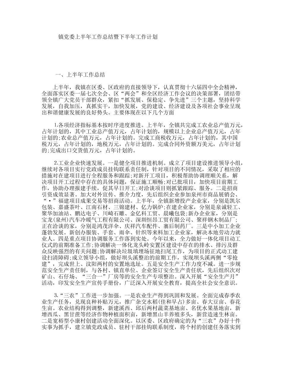 镇党委上半年工作总结暨下半年工作计划_第1页