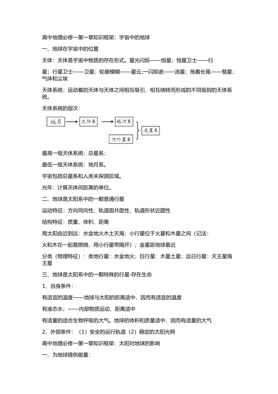 高中地理必修一第一章知识框架：宇宙中的地球_第1页