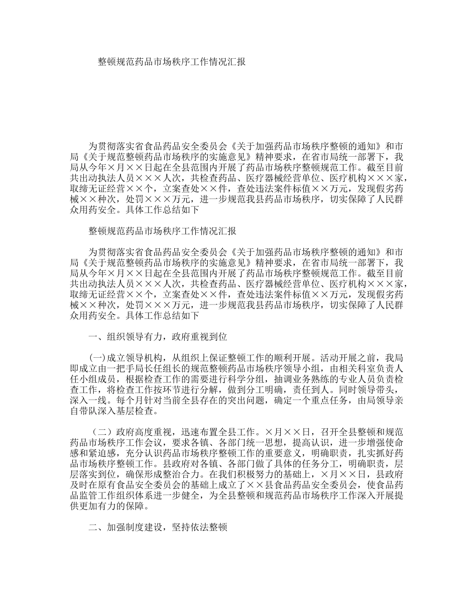 整顿规范药品市场秩序工作情况汇报_第1页